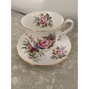 VTG Duchess Bone China Teacup Saucer Pink Foral Gold Trim Made in England